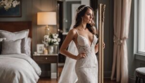Mariée en robe de mariage ornée de dentelle, tenant un miroir et contemplant son reflet dans une chambre nuptiale élégante.