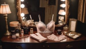 Soutien-gorge en dentelle rose posé sur une coiffeuse vintage avec des cosmétiques et accessoires