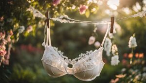 Soutien-gorge en dentelle blanche suspendu à une corde à linge dans un jardin ensoleillé.