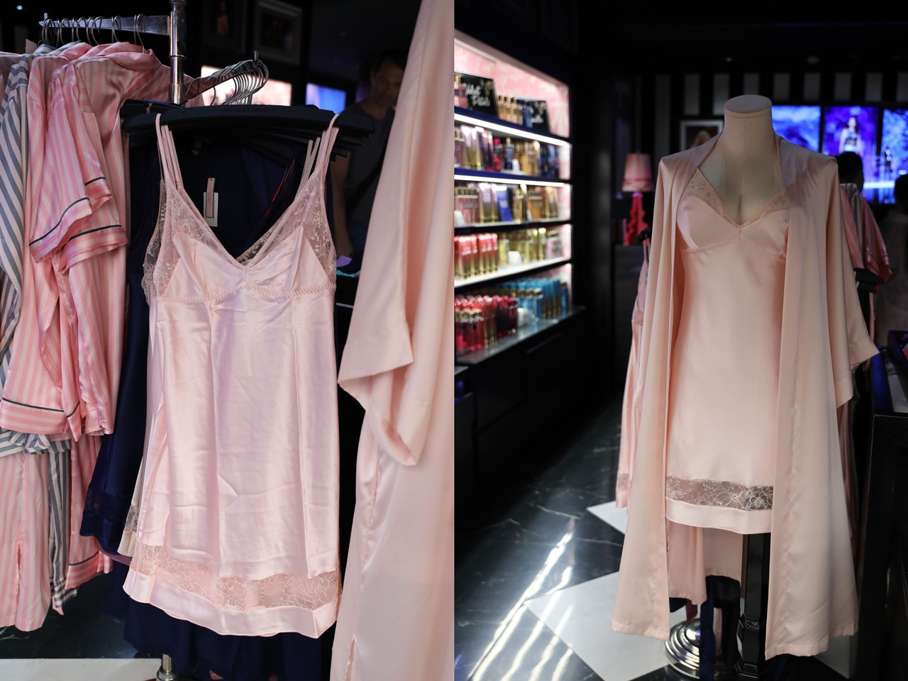 Nuisettes en soie rose dans une boutique Victoria's Secret.
