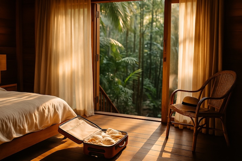 Chambre tropicale avec valise ouverte et vue sur la végétation
