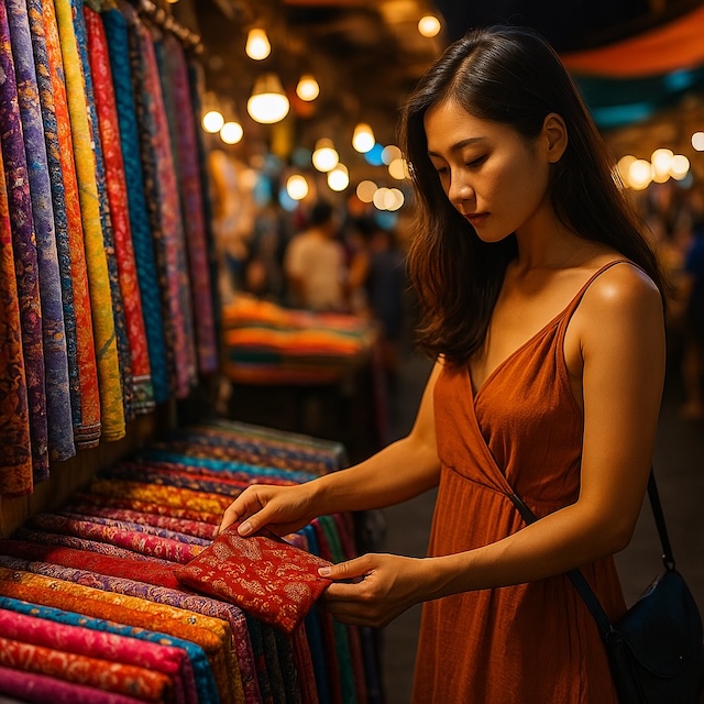 Femme asiatique choisissant un tissu coloré dans un marché de nuit en Thaïlande