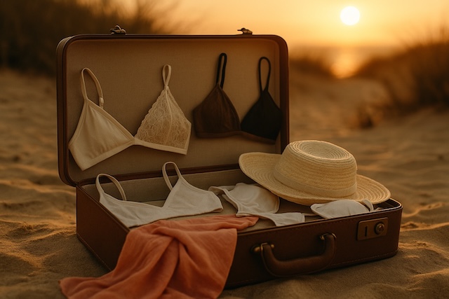 Valise ouverte avec lingerie légère, paréo et chapeau pour un voyage en Thaïlande au coucher du soleil